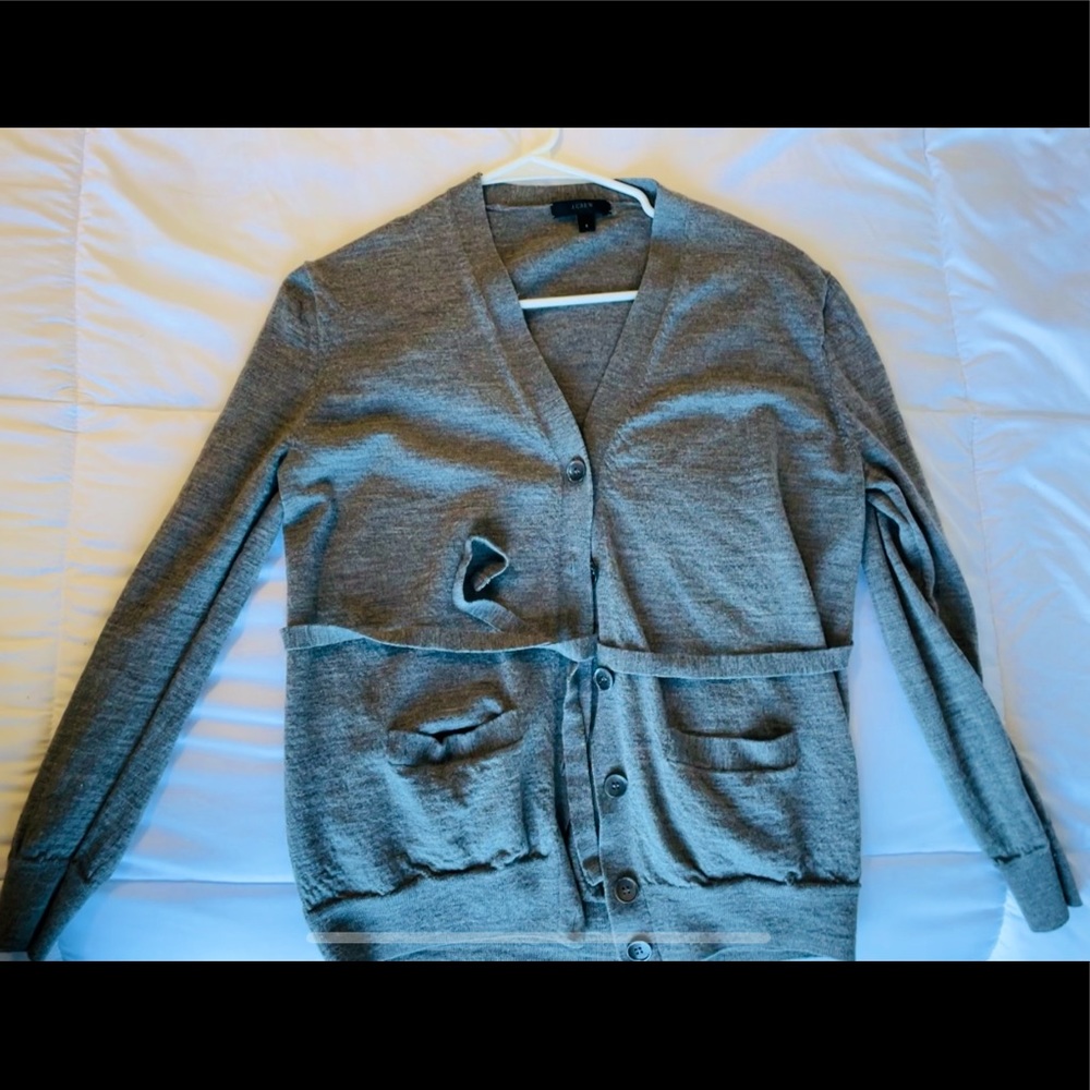 J Crew womens grey belted cashmere merino wool cardigan sweater